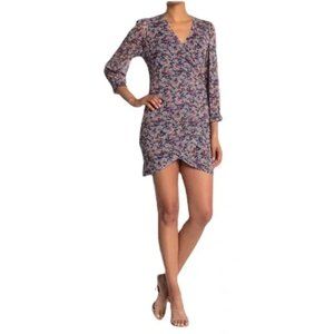 New 19Cooper Women's Size M Long Sleeve Blue Floral Faux Wrap Ruched Mini Dress